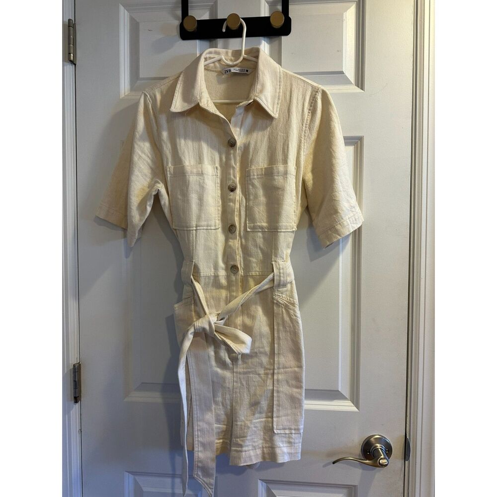 ZARA Cream Short Sleeve Button Front Cotton Romper Belted Waist Size S US